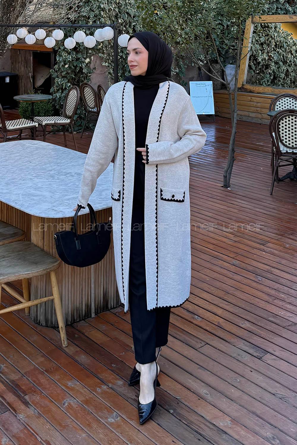 Lamelif Uzun Tesettür Hırka Krem