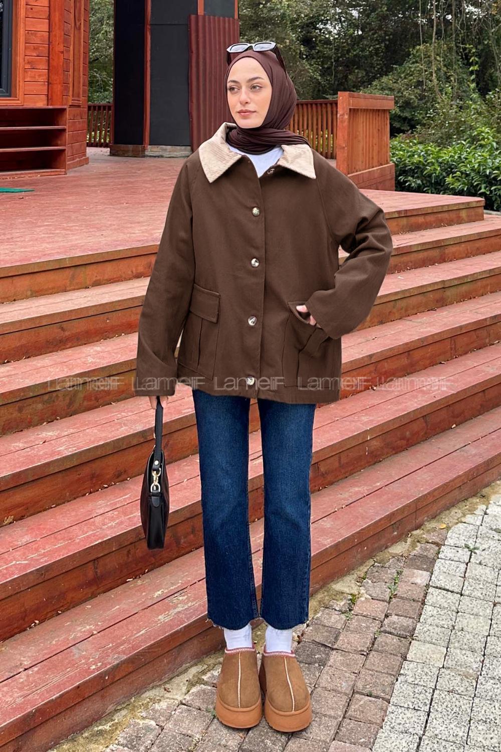 Dark Brown Shirt Collar Long Arm Cotton Jacket