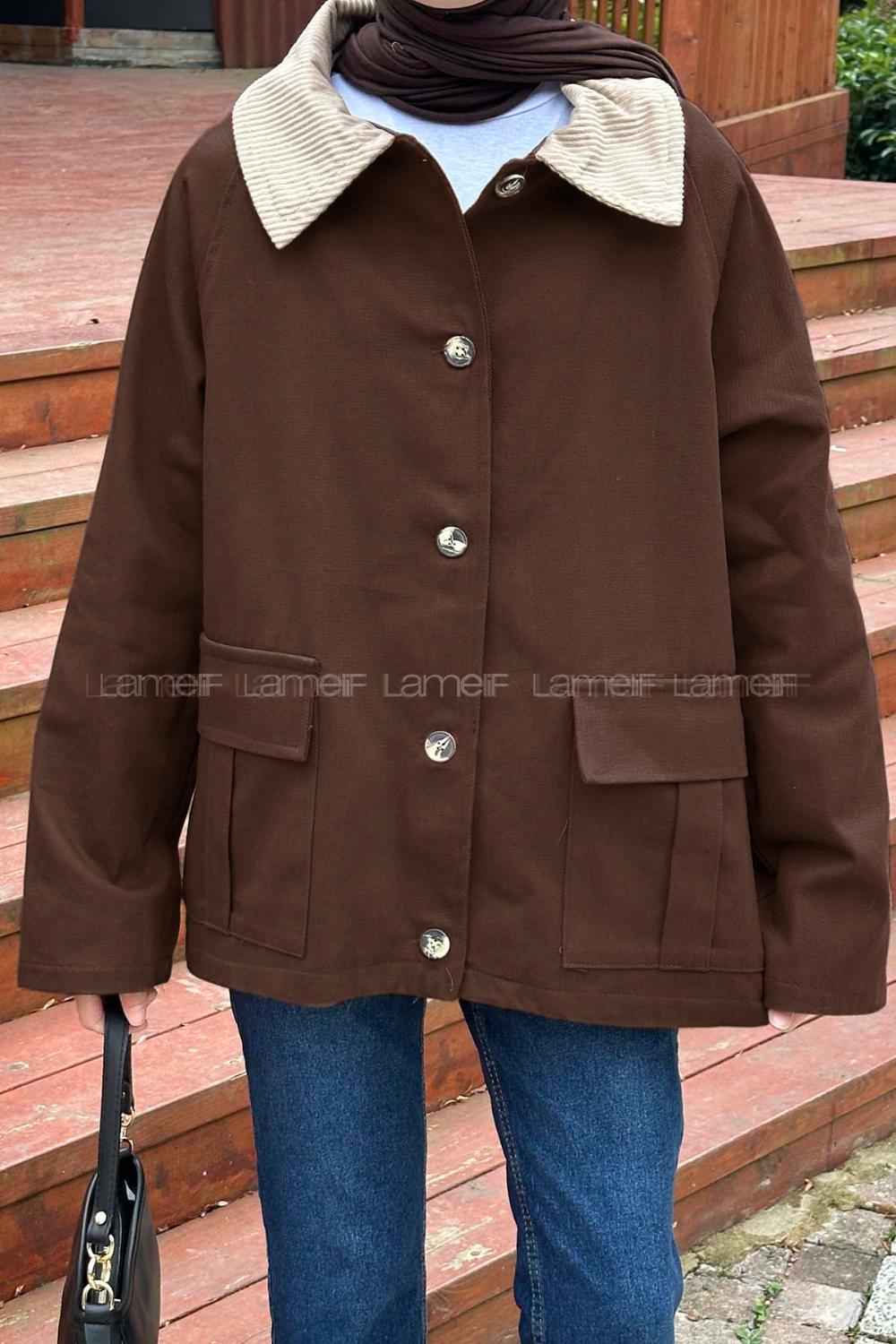 Dark Brown Shirt Collar Long Arm Cotton Jacket