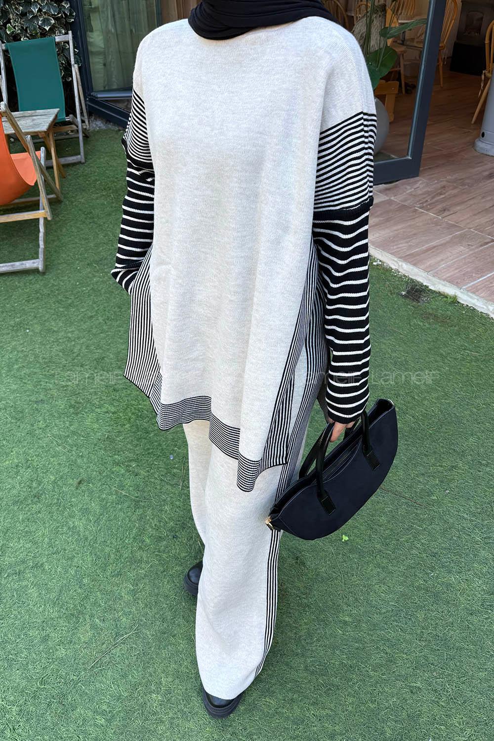 Lamelif Yan Çizgili Panço Tesettür Takım Bej