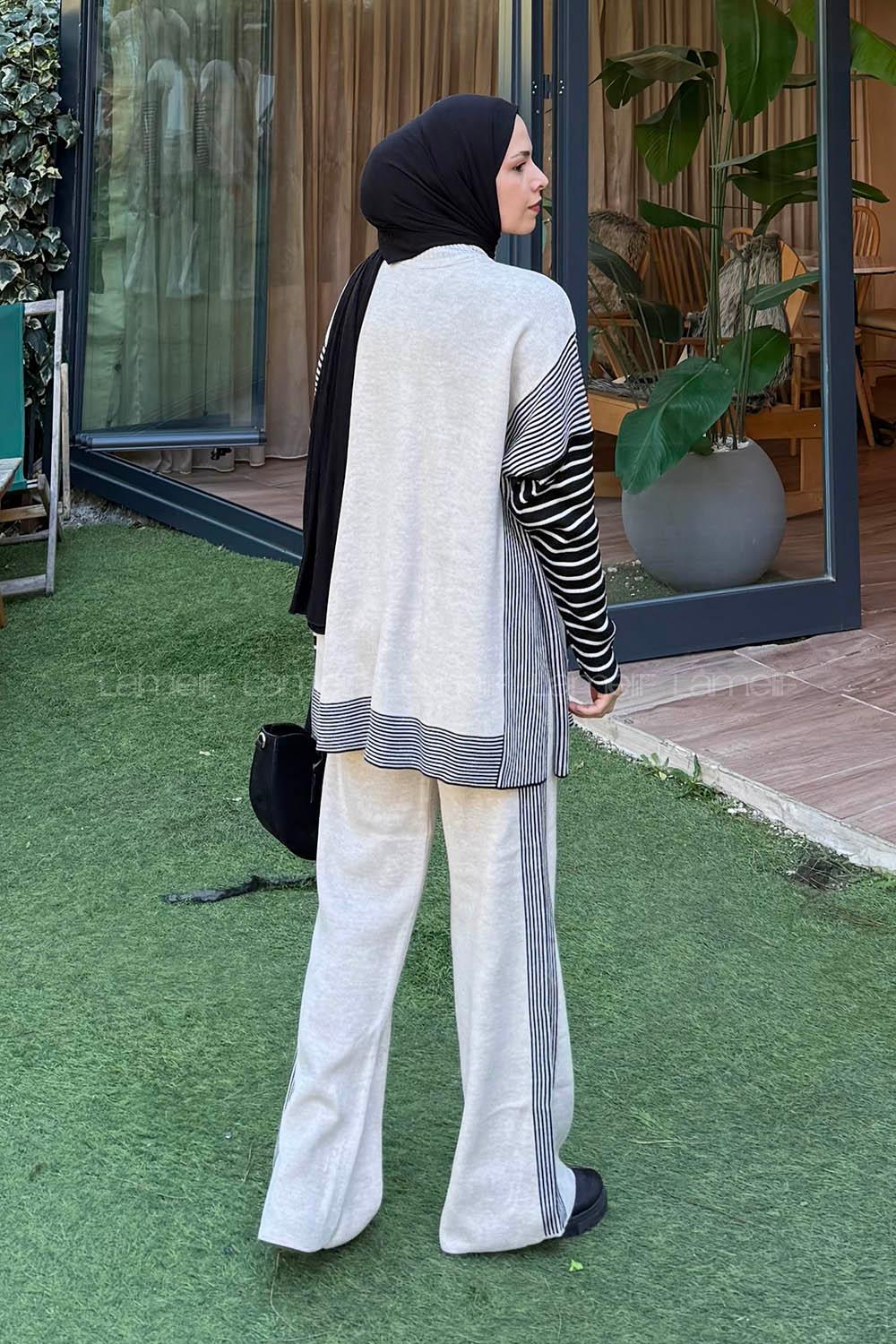 Lamelif Yan Çizgili Panço Tesettür Takım Bej