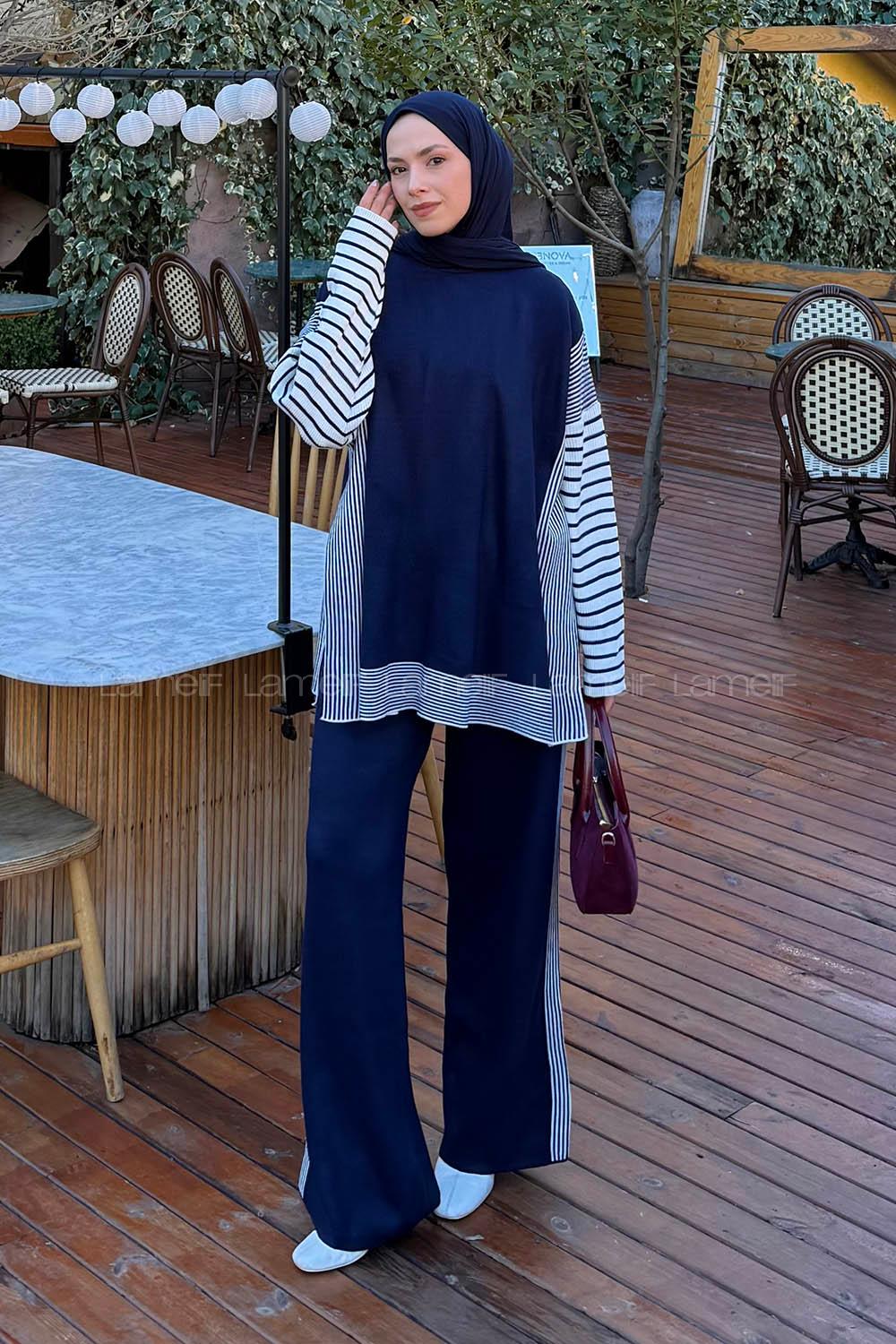 Lamelif Yan Çizgili Panço Tesettür Takım Lacivert