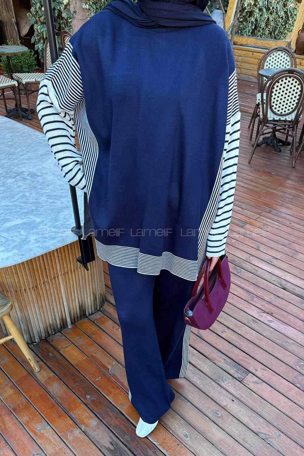 Lamelif Yan Çizgili Panço Tesettür Takım Lacivert