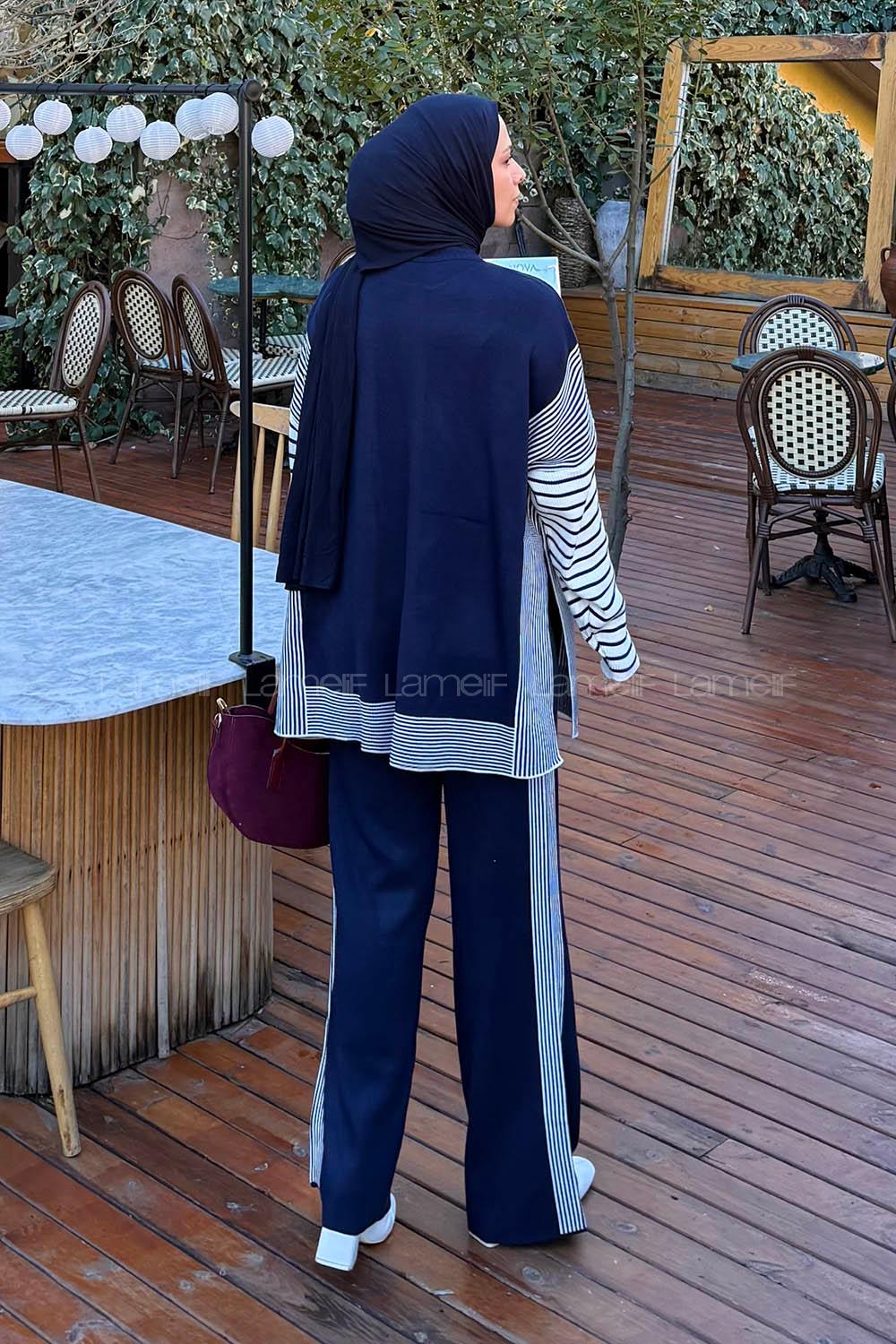 Lamelif Yan Çizgili Panço Tesettür Takım Lacivert