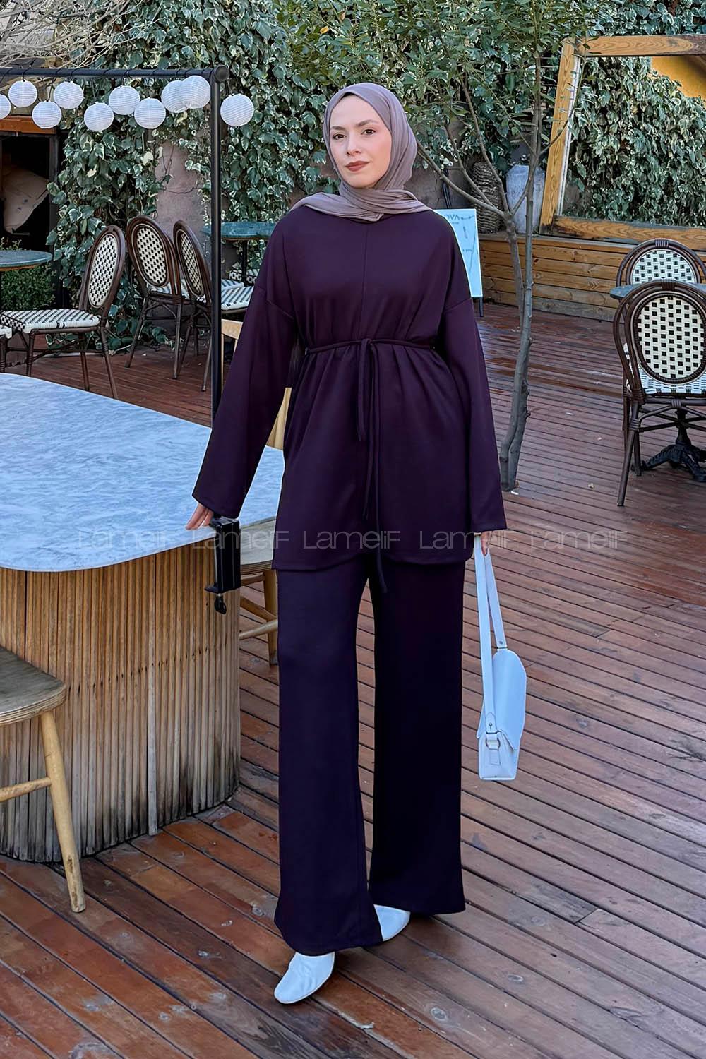 Plum Crew Neck Long Arm Cotton Regular Trousers Comfortable Suit