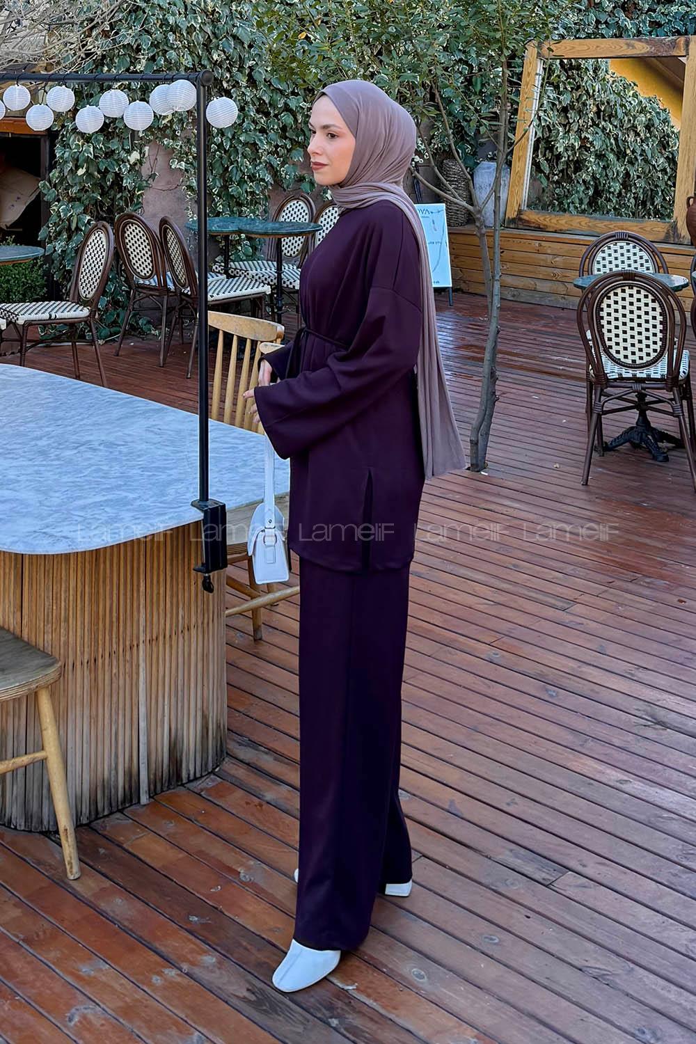 Plum Crew Neck Long Arm Cotton Regular Trousers Comfortable Suit