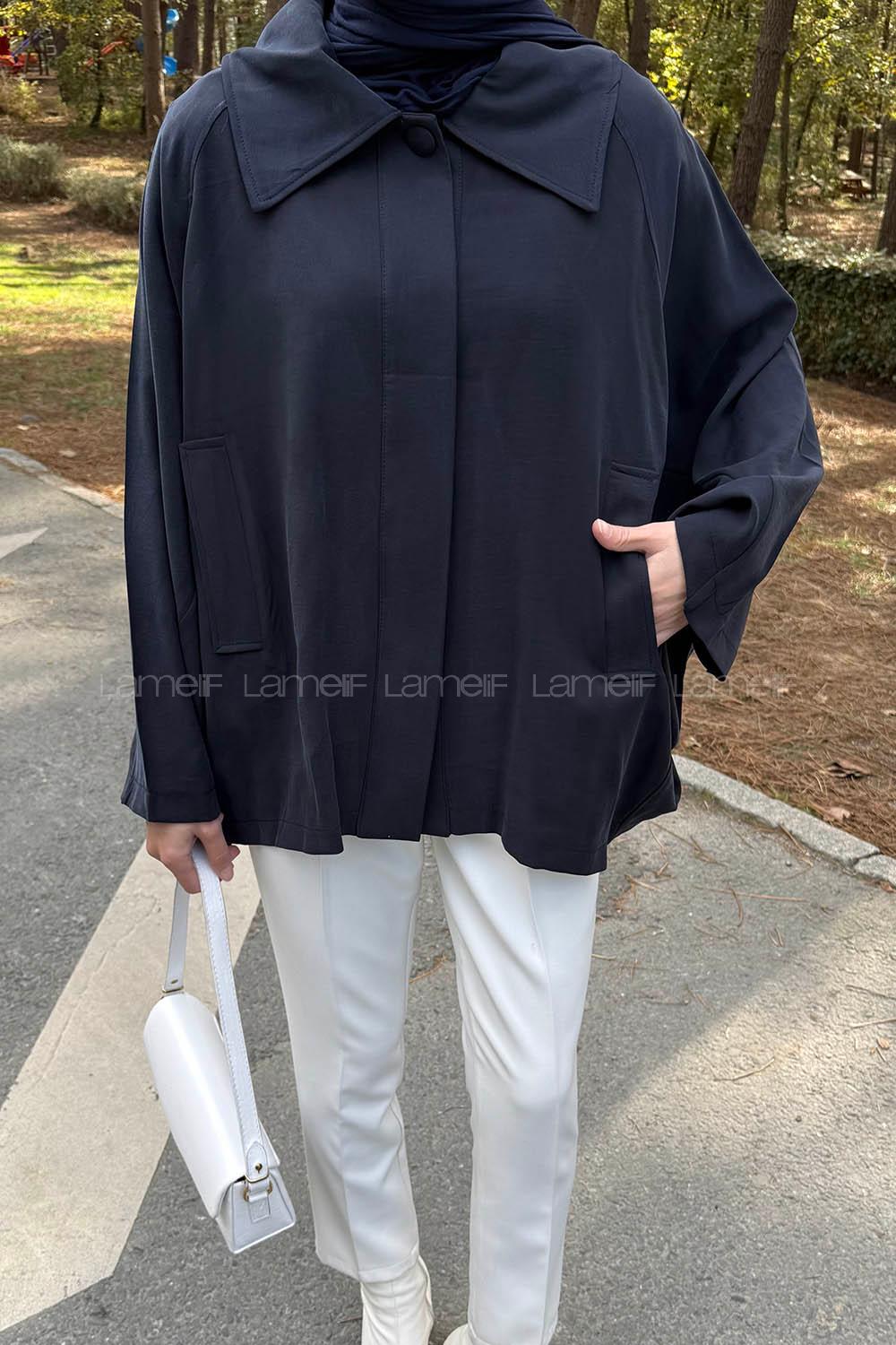 Navy Blue Shirt Collar Long Arm Cotton Modal Polyester Jacket