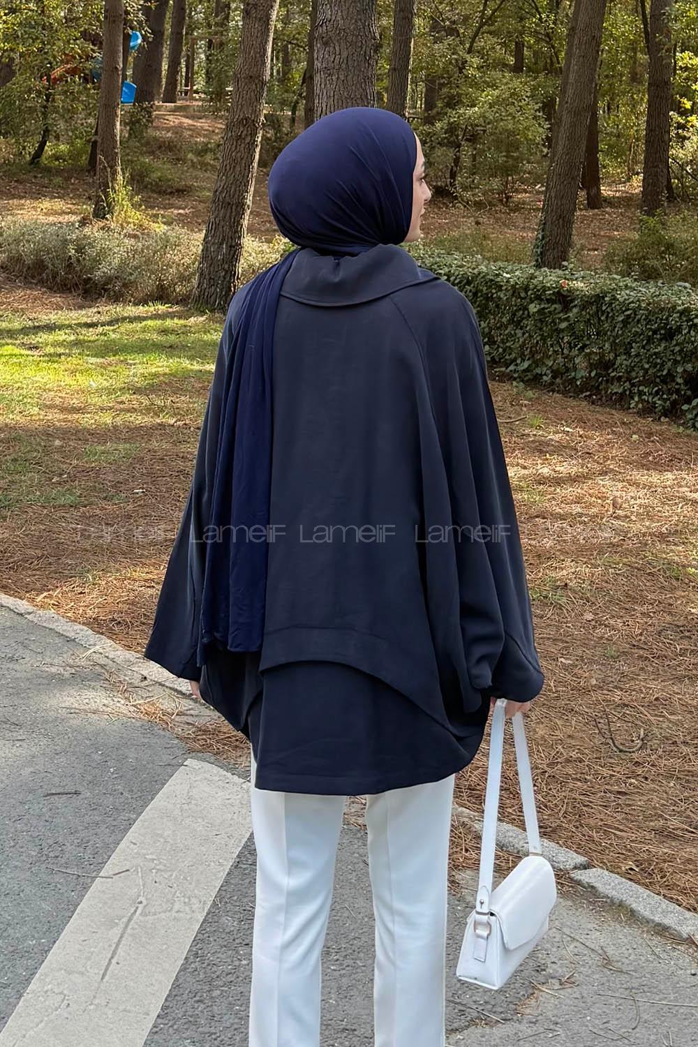 Navy Blue Shirt Collar Long Arm Cotton Modal Polyester Jacket