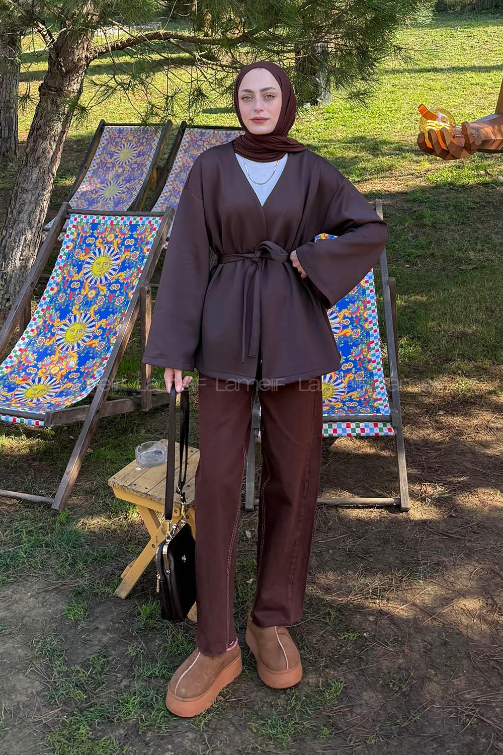 Bitter Brown Long Arm Cotton Polyester Kimono