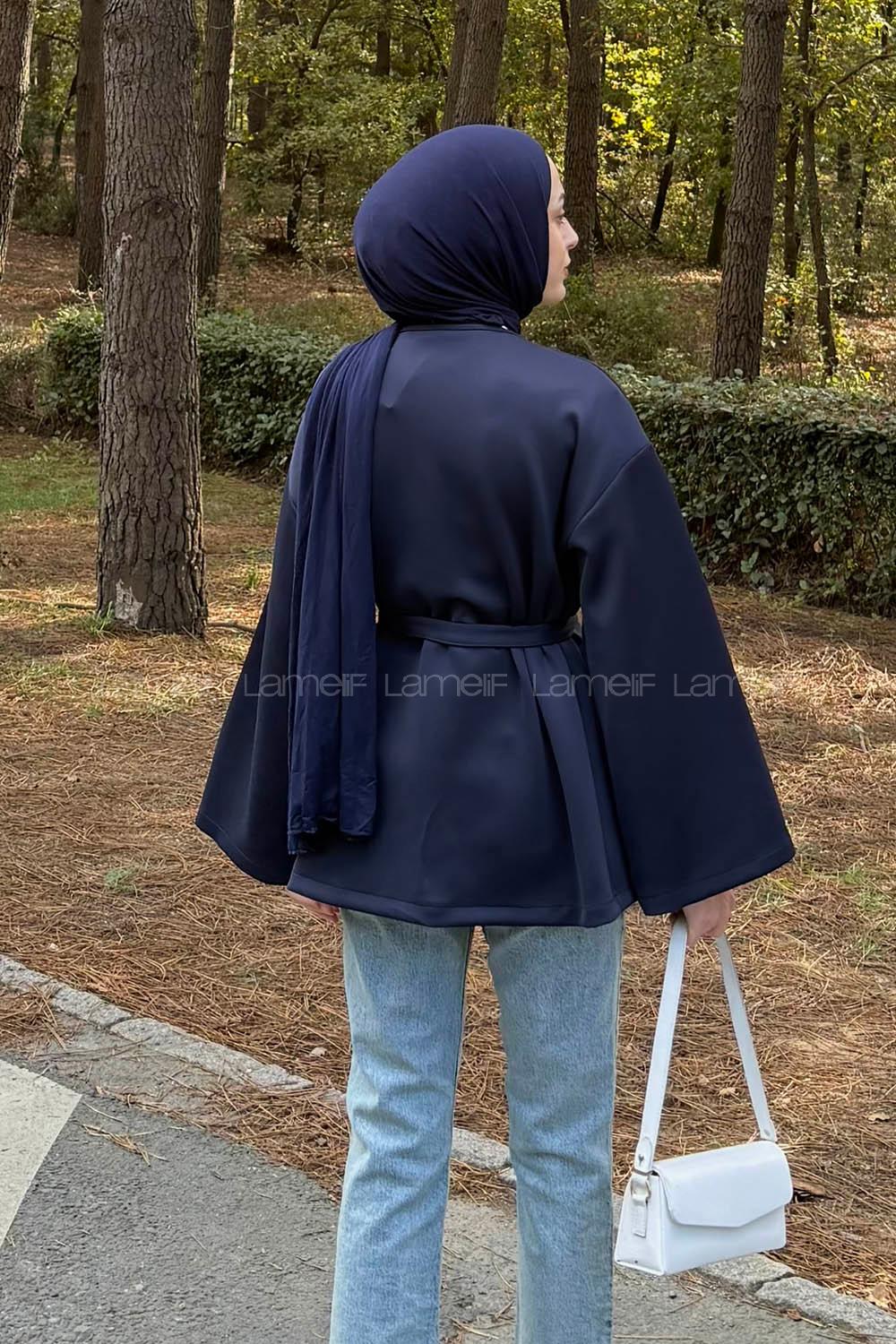 Navy Blue Long Arm Cotton Polyester Kimono