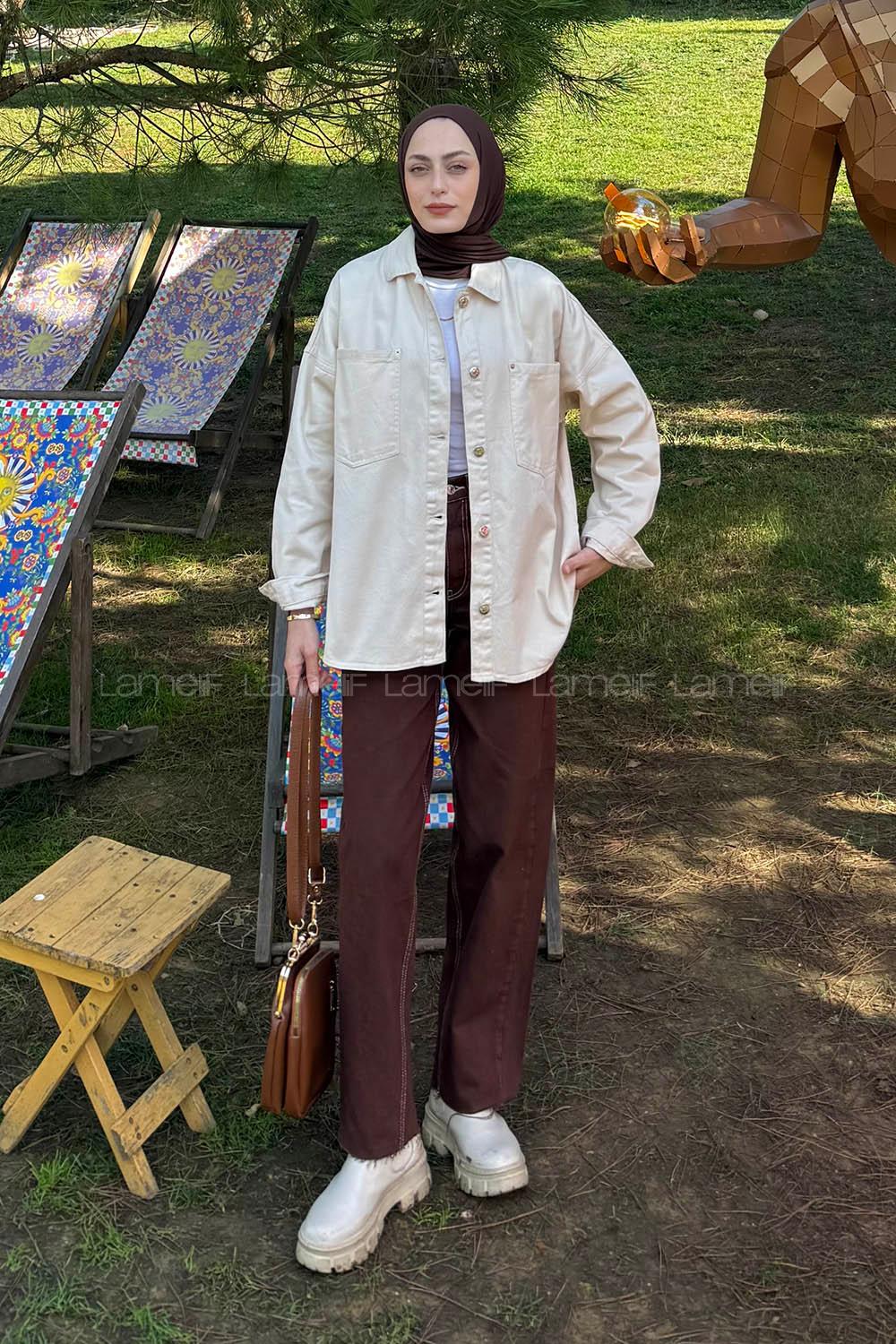 Lamelif Çift Cepli Metal Düğme Ceket Taş Rengi