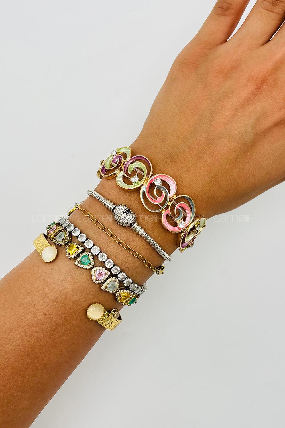 Lamelif Çokrenkli Mineli Taşlı Çiçek Metal Bileklik
