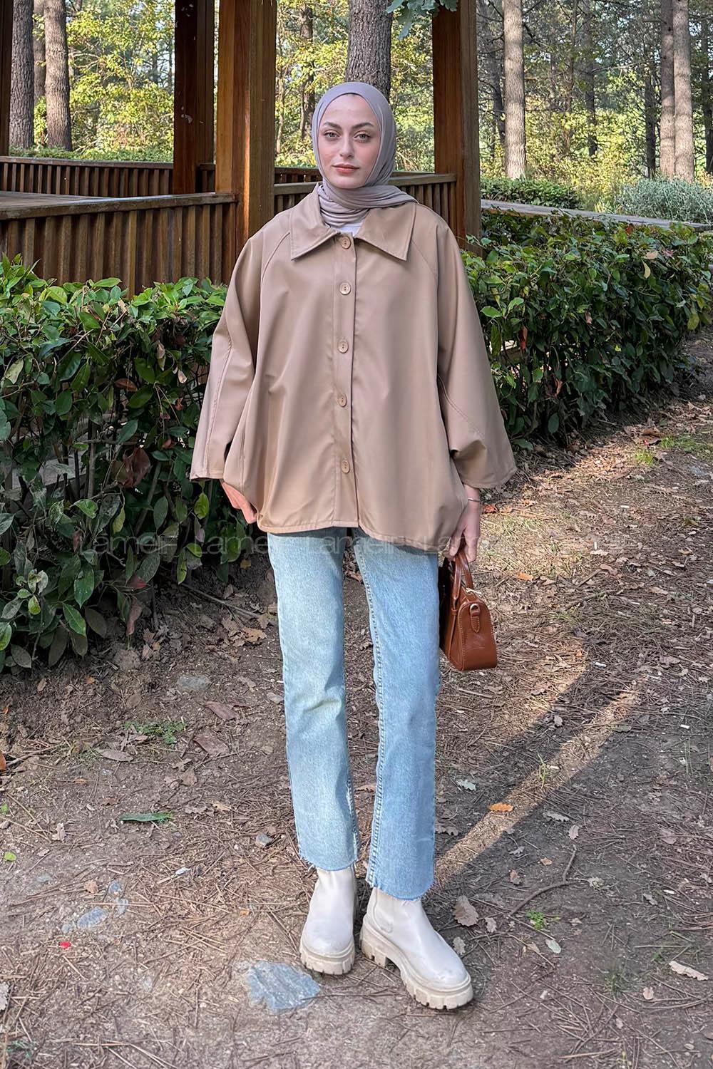Soft Brown Shirt Collar Cotton Poncho