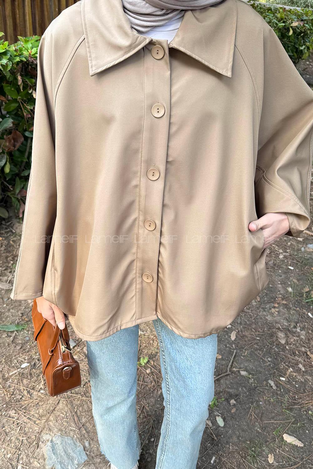 Soft Brown Shirt Collar Cotton Poncho