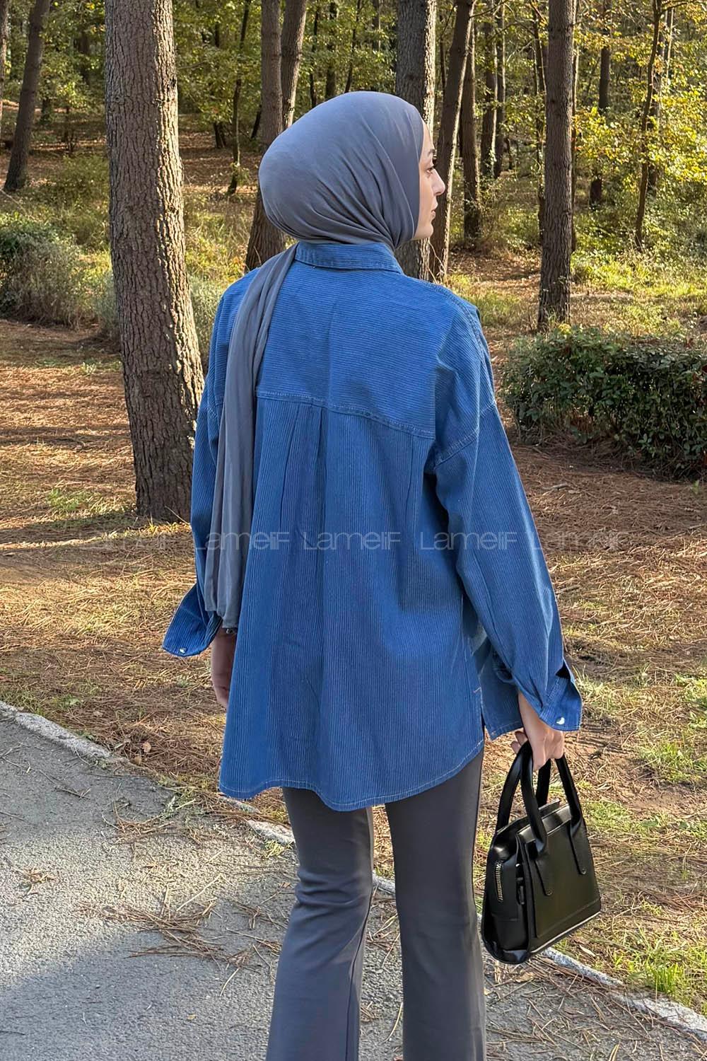 Lamelif Fitilli Tesettür Gömlek Kot Mavisi