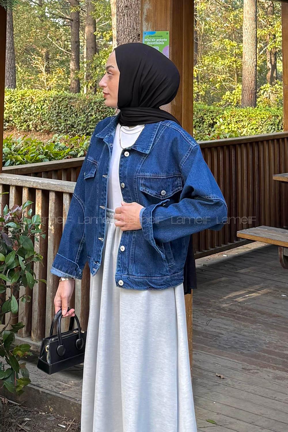 Lamelif Fleto Cepli Kot Ceket Kot Mavisi