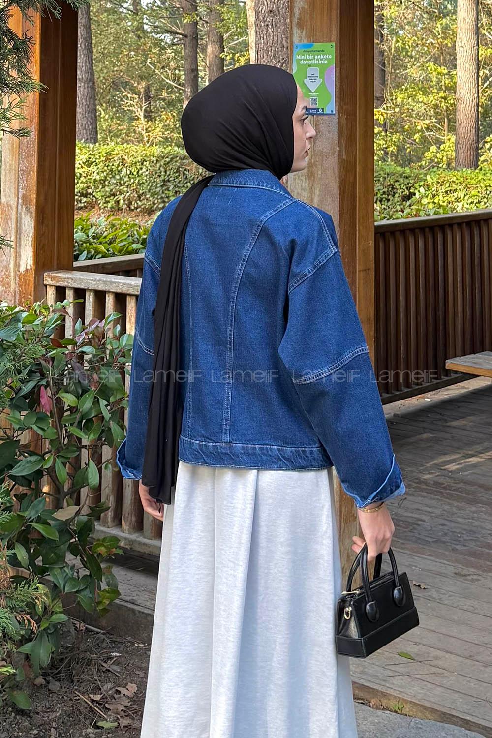 Lamelif Fleto Cepli Kot Ceket Kot Mavisi