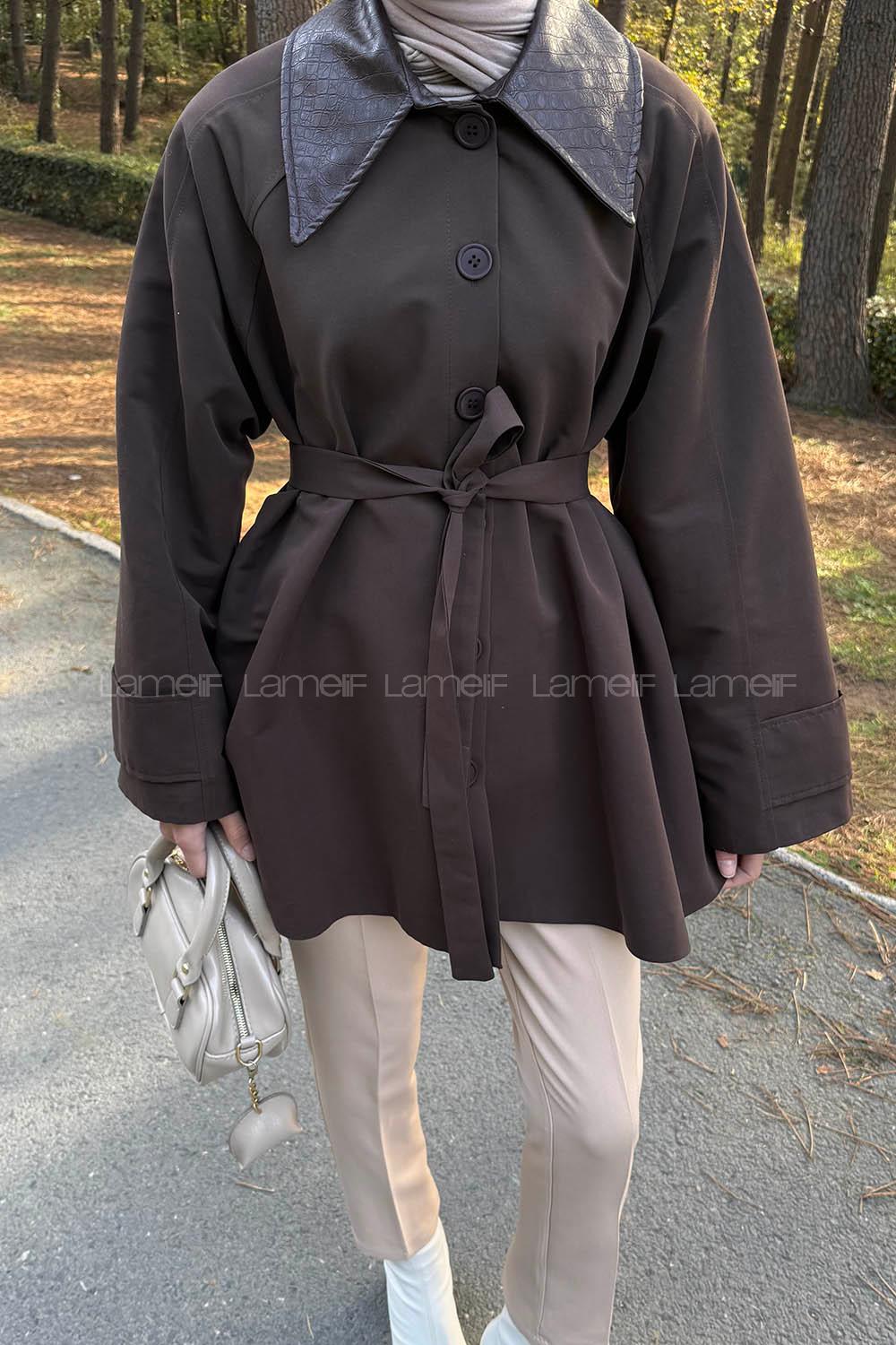 Lamelif Garni Yaka Trençkot Acı Kahve