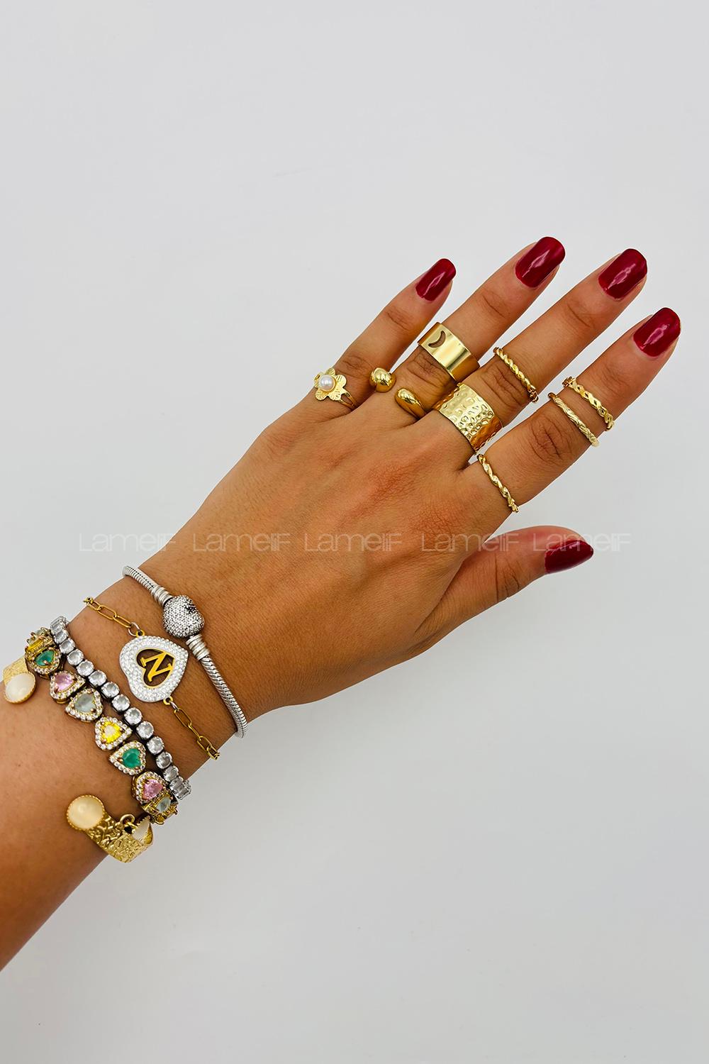 Lamelif Gold 8li Kombin Çiçek Yüzük Seti