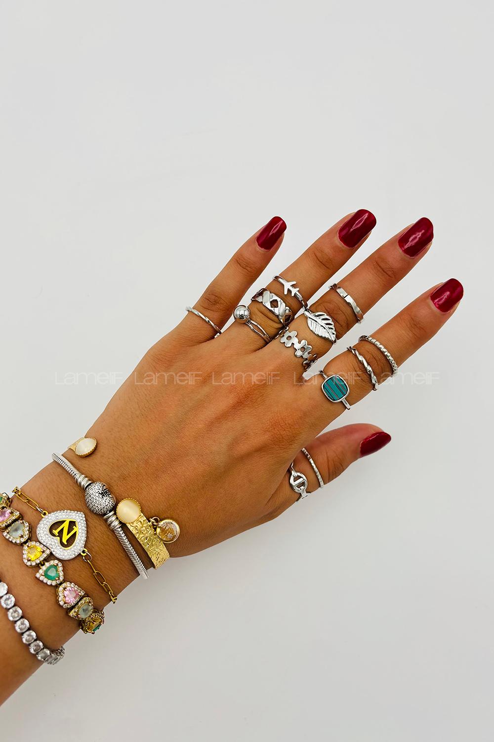 Lamelif Gümüş 12li Kombin Yesil Mineli Yüzük Seti