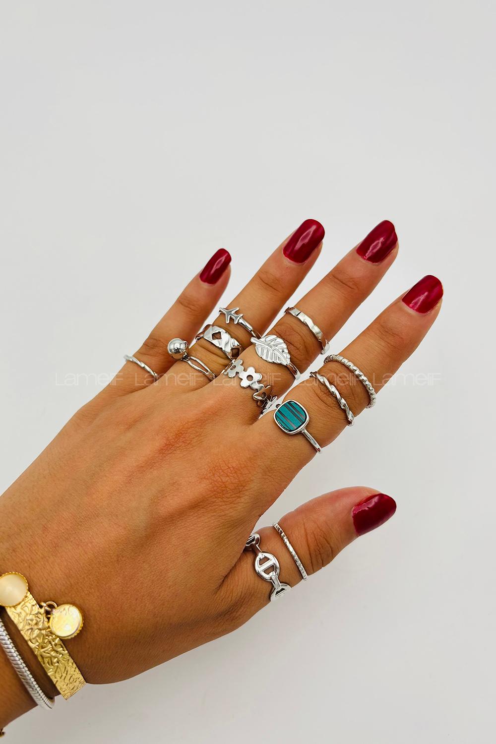 Lamelif Gümüş 12li Kombin Yesil Mineli Yüzük Seti