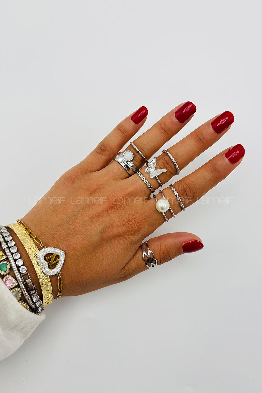 Lamelif Gümüş 7li Kombin Kelebek Yüzük Seti