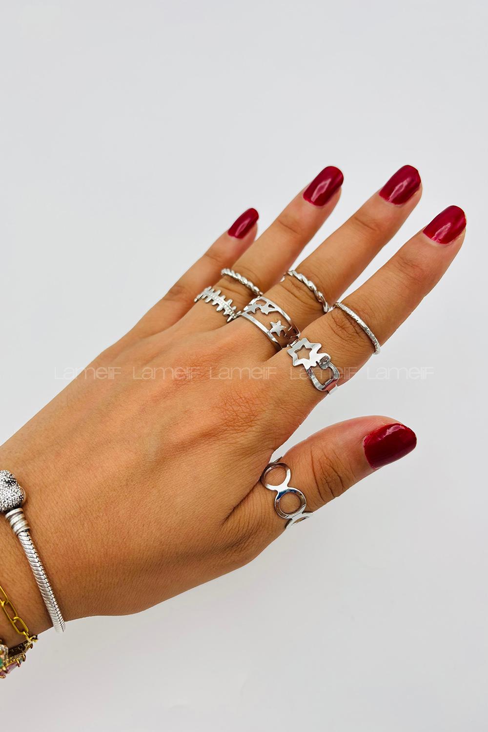 Lamelif Gümüş 7li Kombin Yıldız Yüzük Seti
