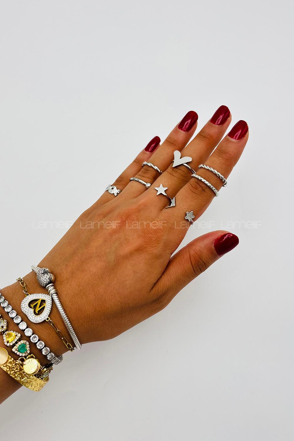 Lamelif Gümüş 8li Kombin Kalp Yüzük Seti