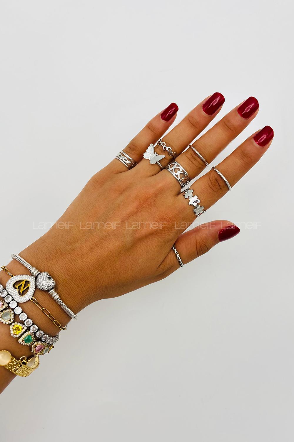 Lamelif Gümüş 8li Kombin Kelebek Yüzük Seti