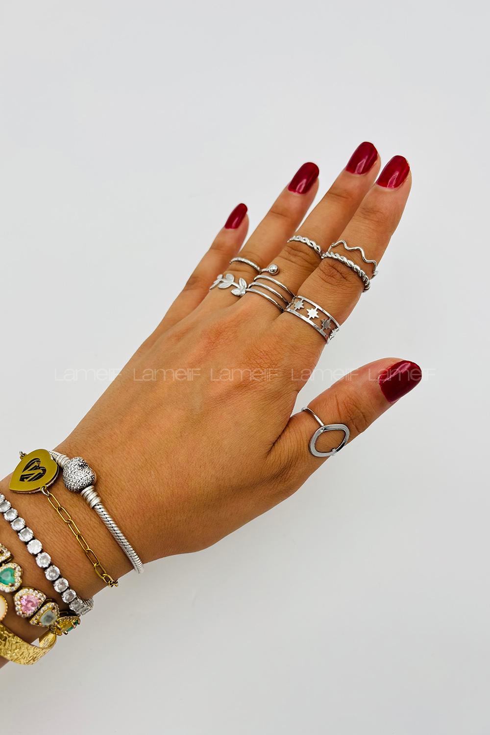 Lamelif Gümüş 8li Kombin Yaprak Yüzük Seti