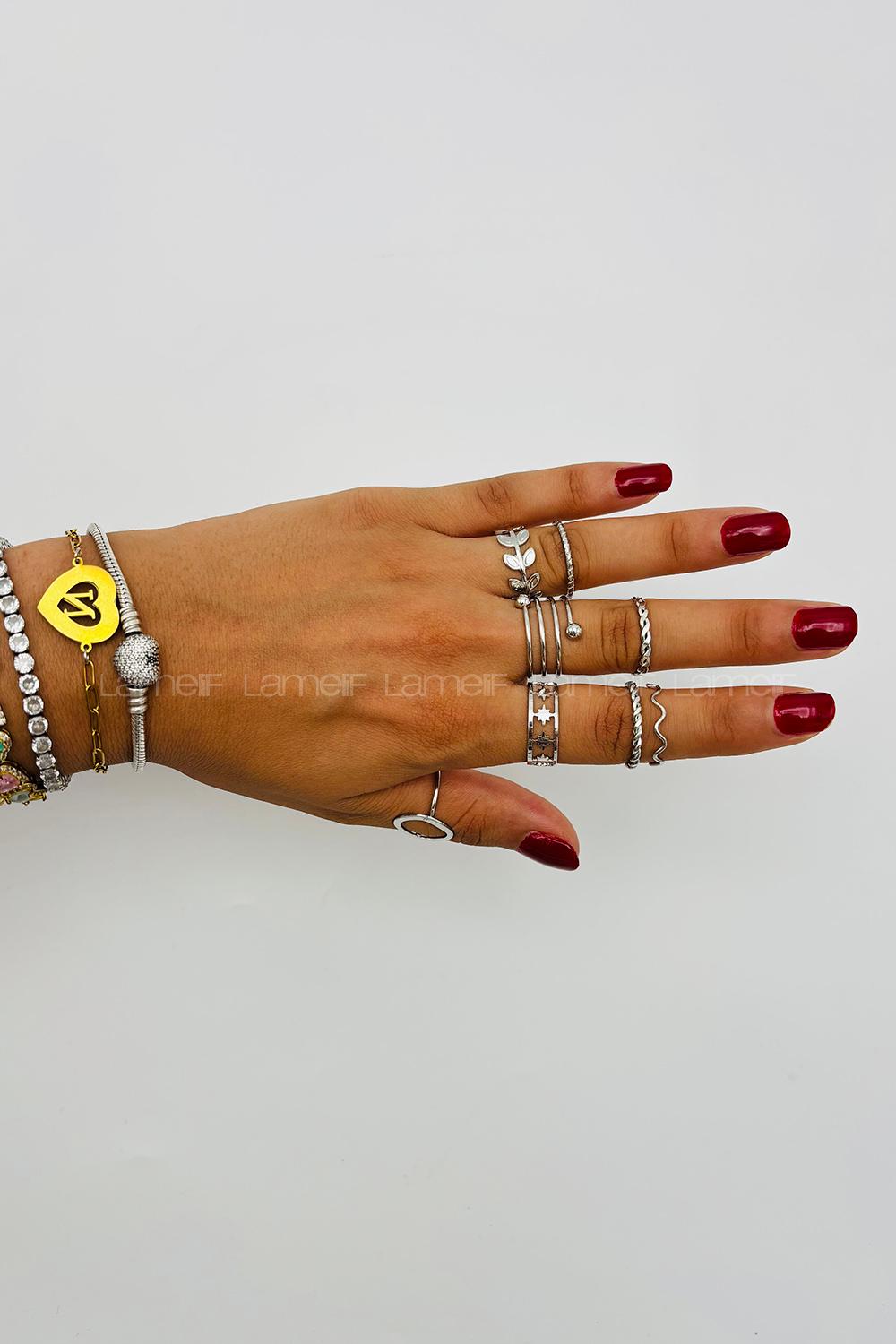 Lamelif Gümüş 8li Kombin Yaprak Yüzük Seti