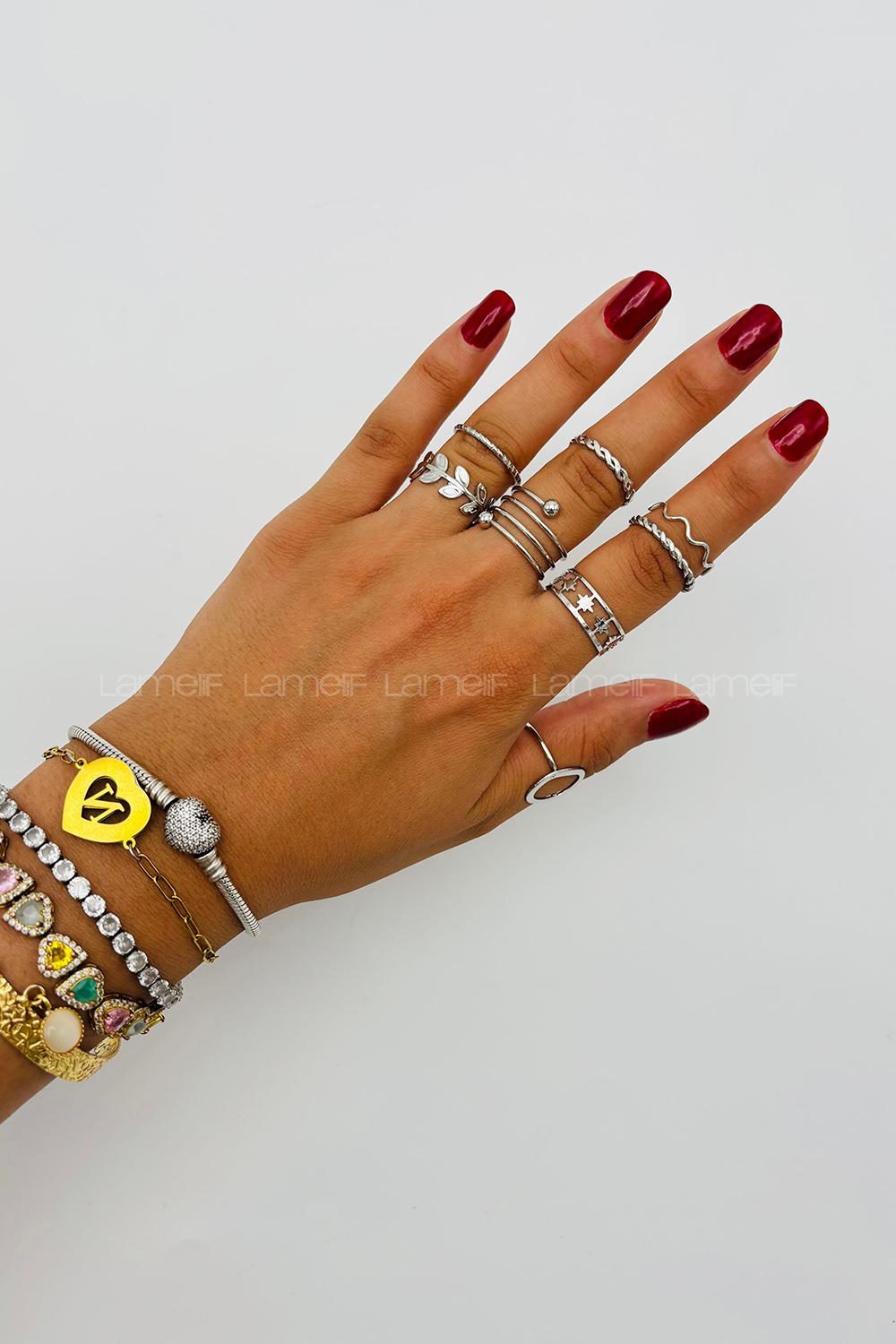 Lamelif Gümüş 8li Kombin Yaprak Yüzük Seti