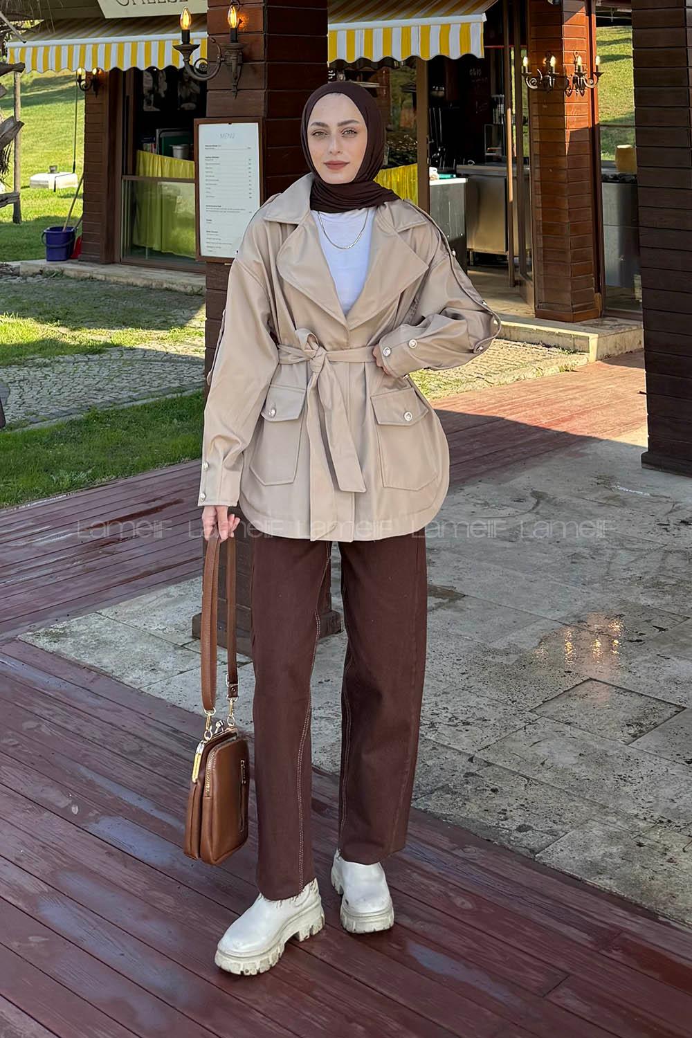 Lamelif Omuz Apoletli Kısa Trençkot Bej