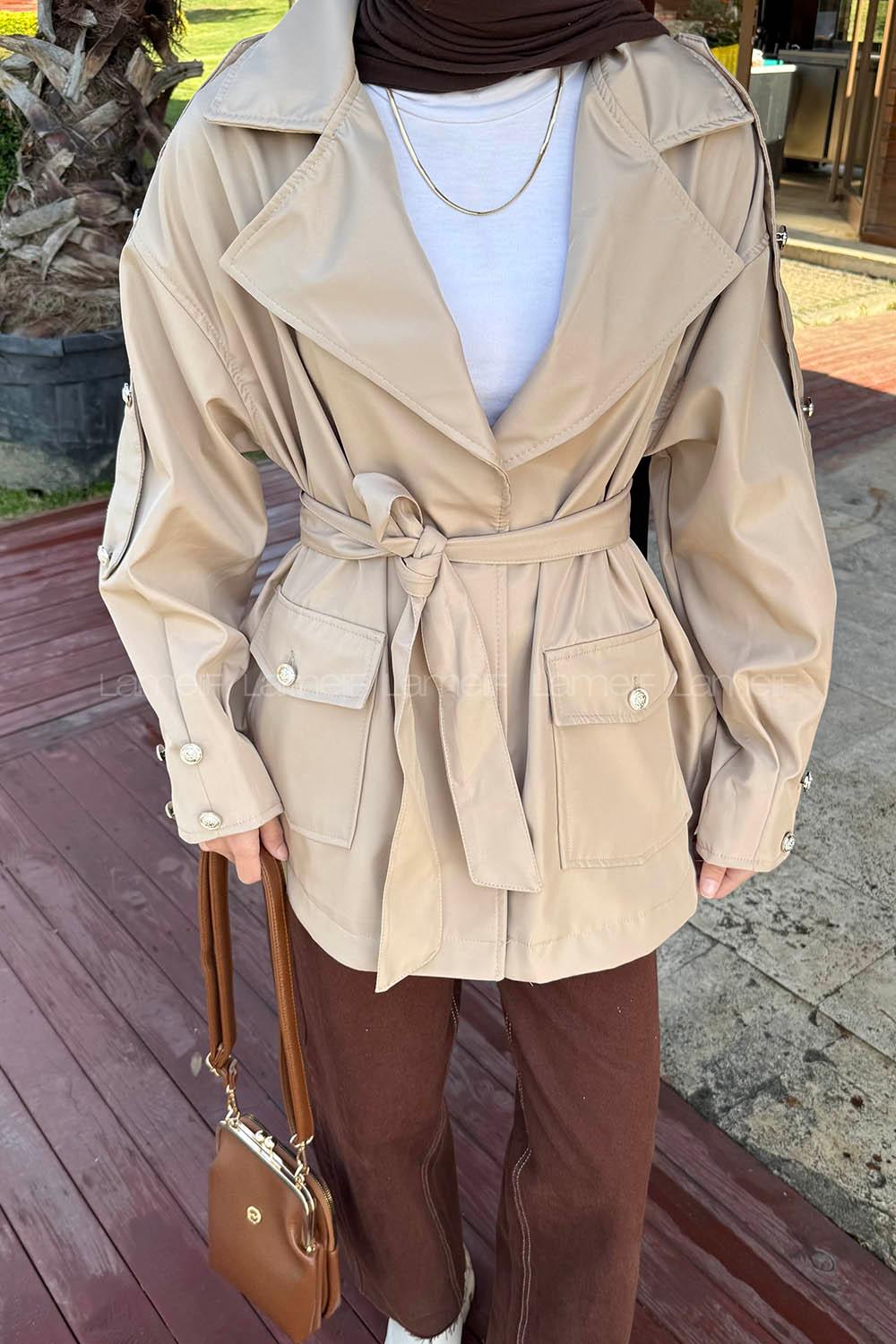 Lamelif Omuz Apoletli Kısa Trençkot Bej