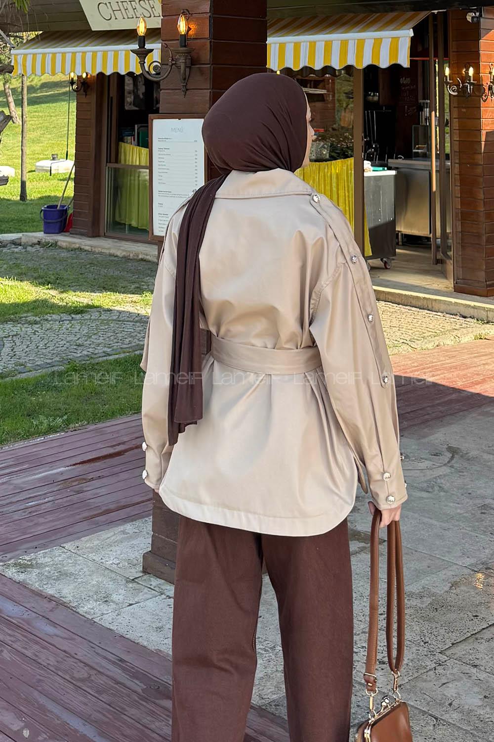Lamelif Omuz Apoletli Kısa Trençkot Bej