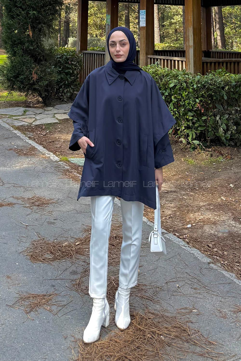 Navy Blue Shirt Collar Long Arm Elastan Polyester Jacket