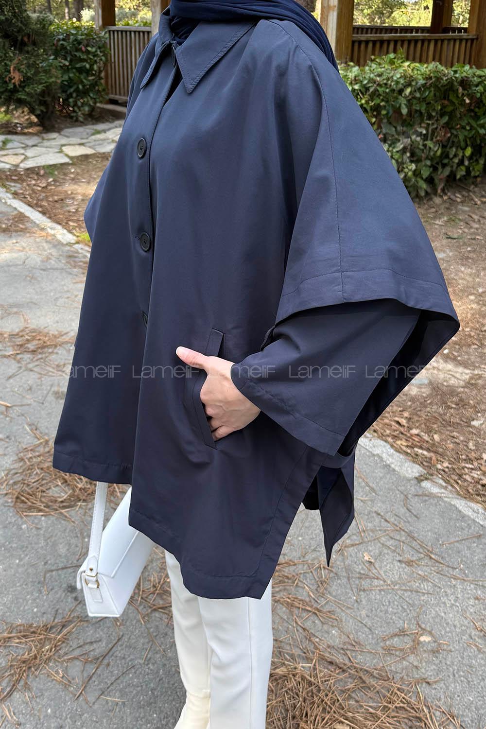 Navy Blue Shirt Collar Long Arm Elastan Polyester Jacket