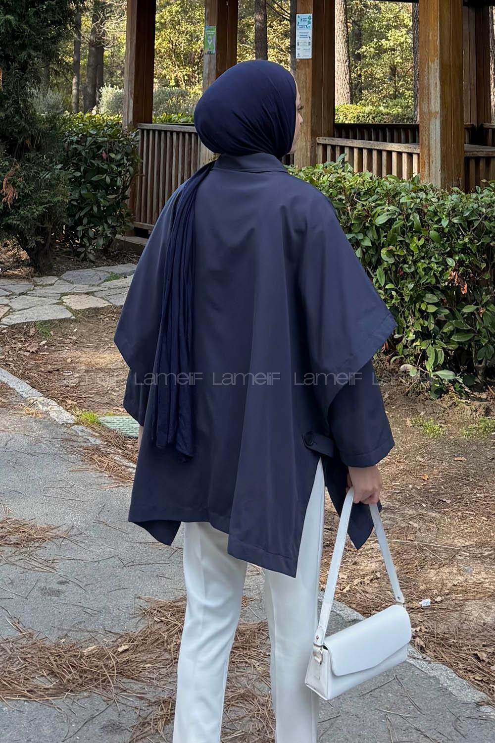 Navy Blue Shirt Collar Long Arm Elastan Polyester Jacket