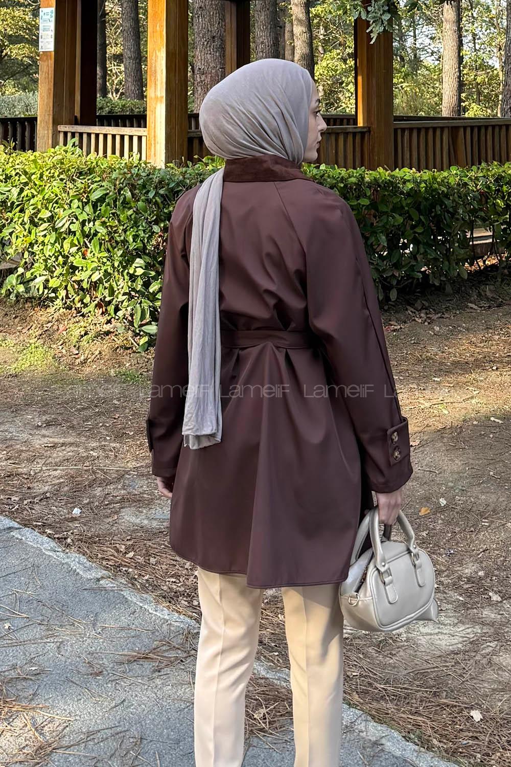Lamelif Yaka Detaylı Kısa Trençkot Acı Kahve