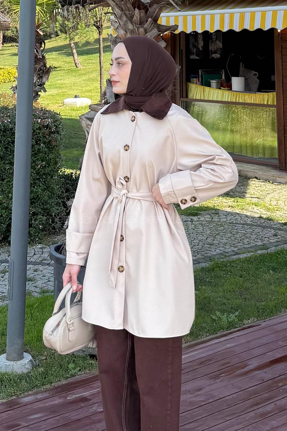 Lamelif Yaka Detaylı Kısa Trençkot Bej