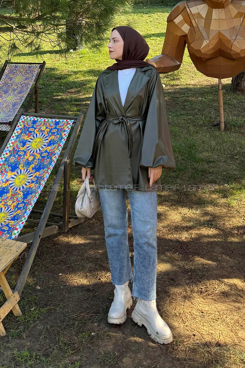 Lamelif Bağlama Detaylı Deri Mont Haki