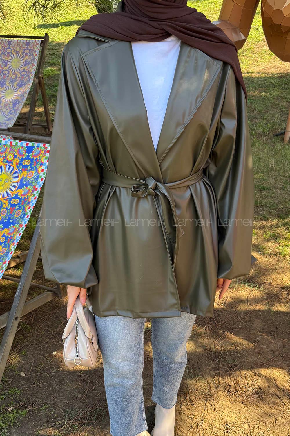 Lamelif Bağlama Detaylı Deri Mont Haki