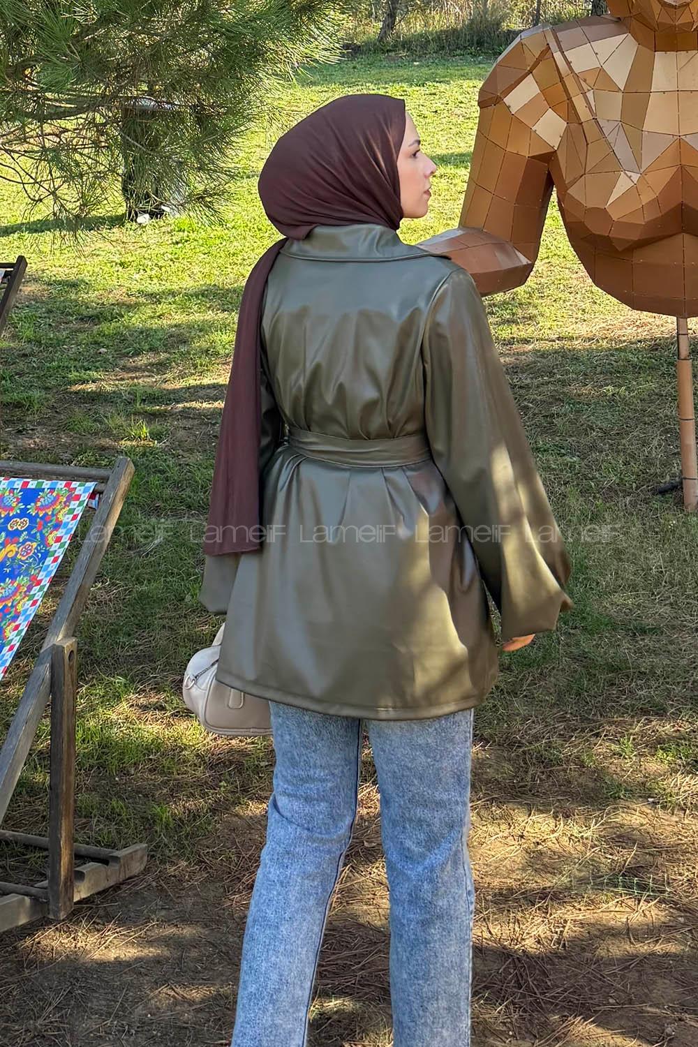 Lamelif Bağlama Detaylı Deri Mont Haki