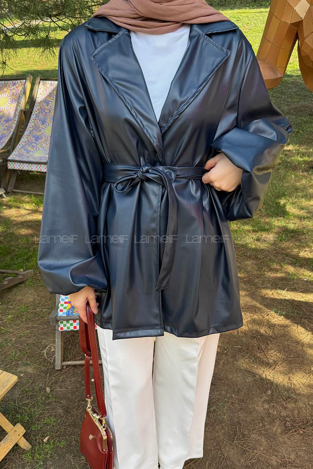 Lamelif Bağlama Detaylı Deri Mont Lacivert