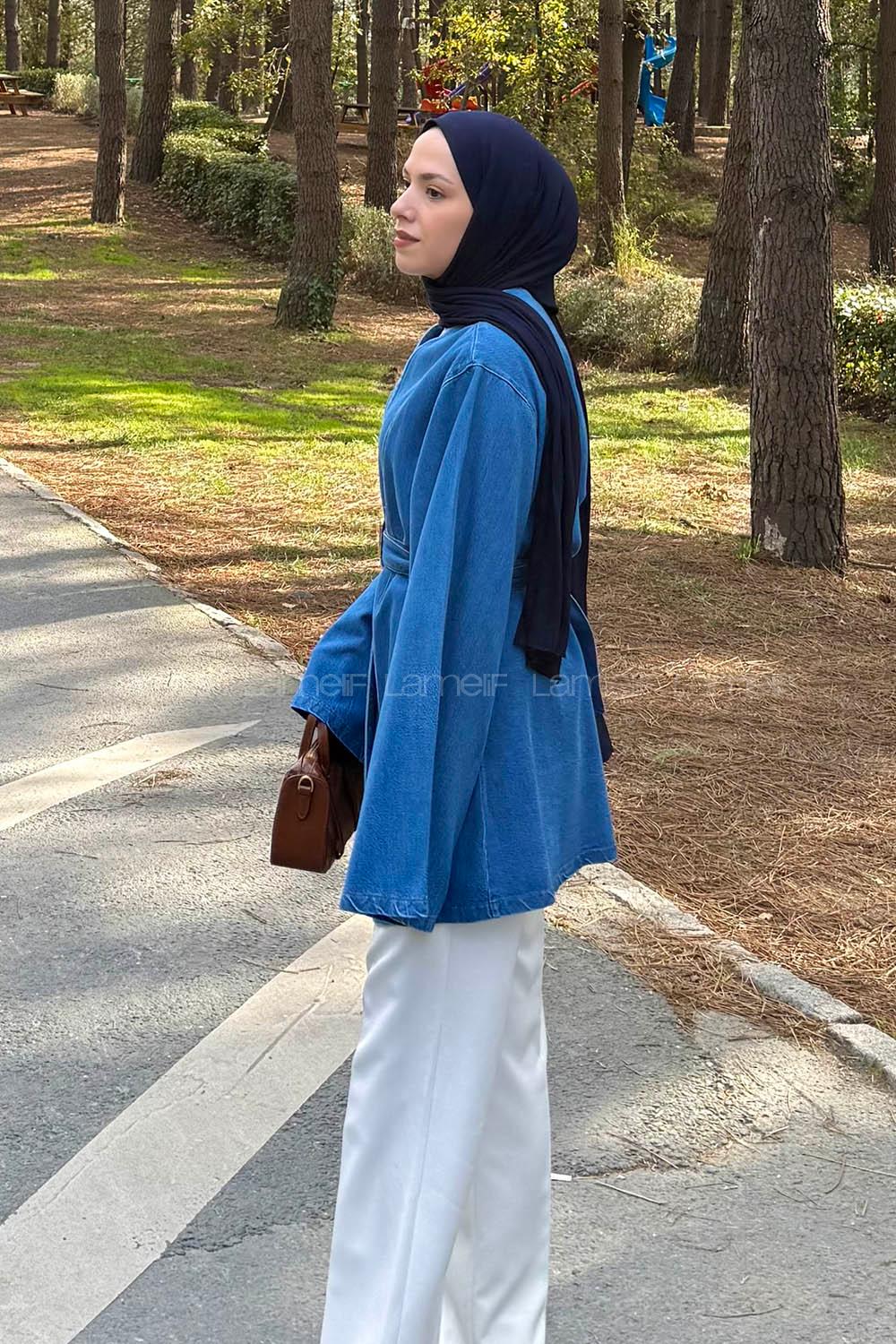 Lamelif Bağlama Detaylı Kot Hırka Açık Mavi