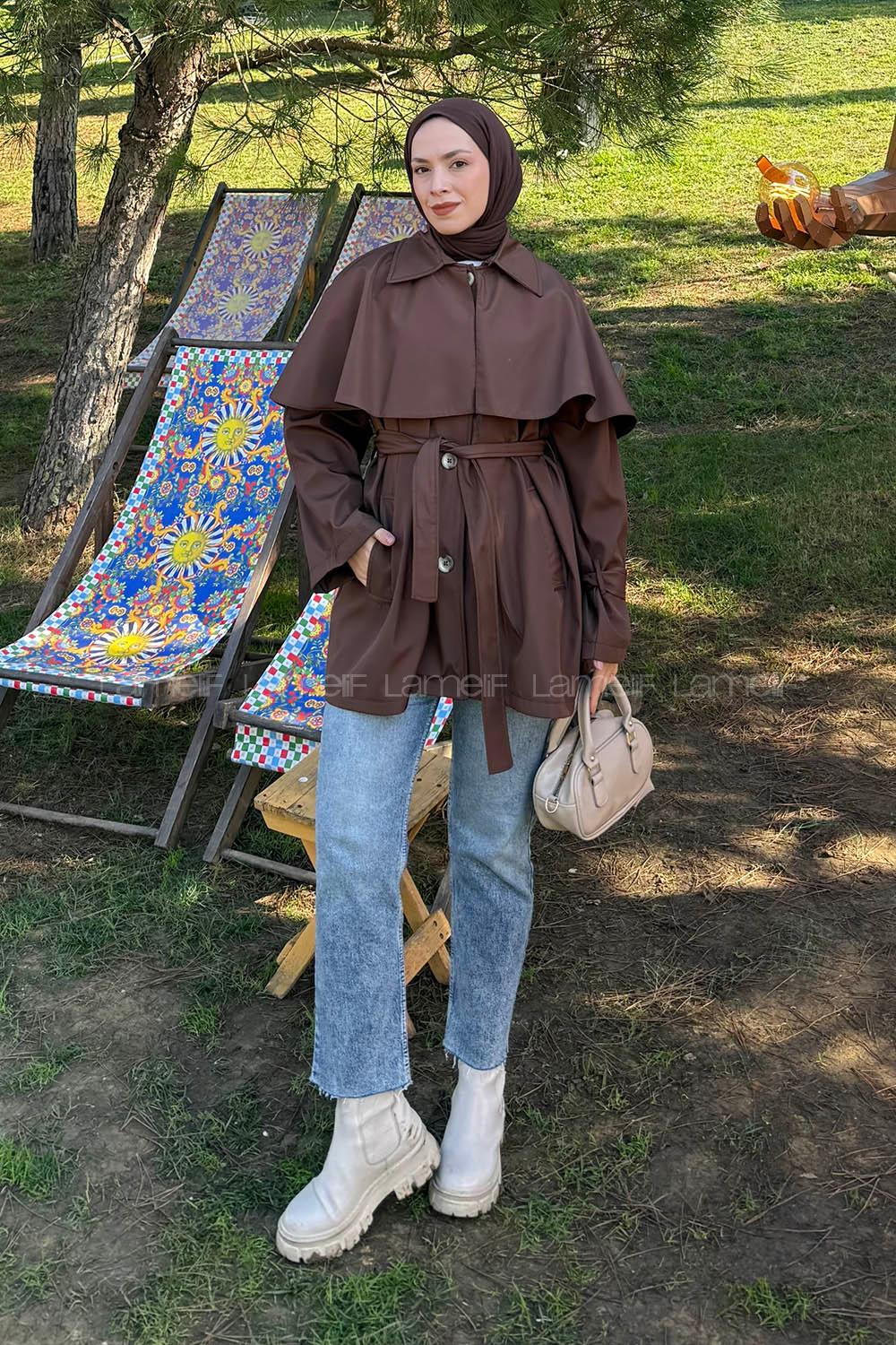 Lamelif Bağlama Detaylı Pelerinli Trençkot Acı Kahve