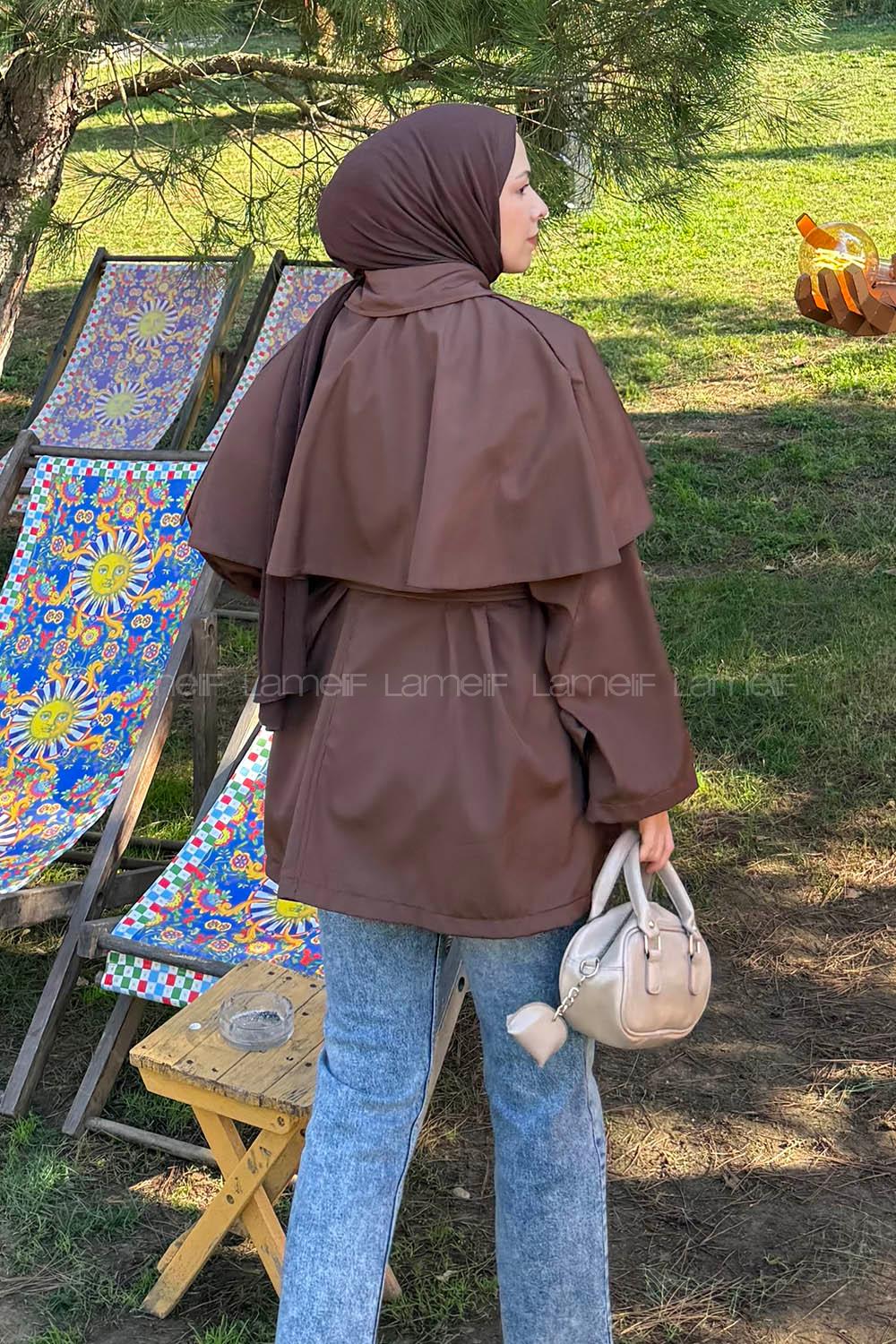 Lamelif Bağlama Detaylı Pelerinli Trençkot Acı Kahve