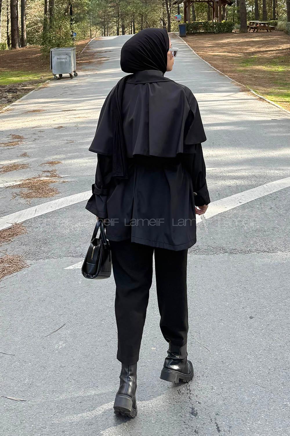Lamelif Bağlama Detaylı Pelerinli Trençkot Siyah