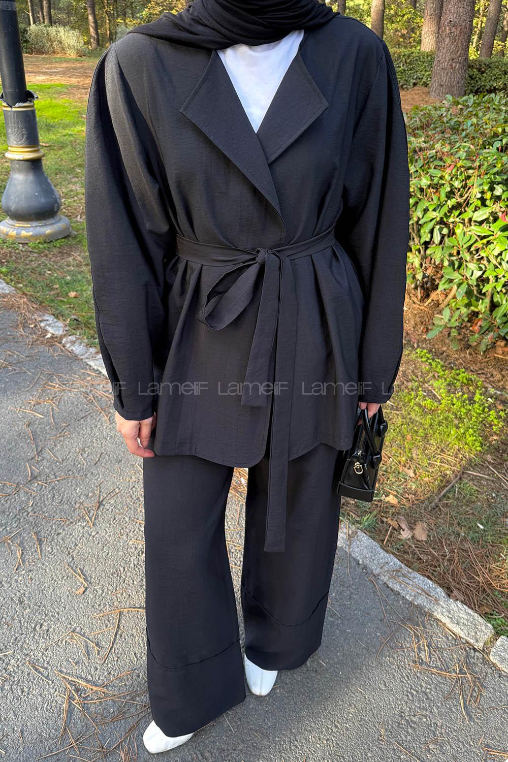 Black Normal Neck Balloon Sleeve Arm Cotton Regular Trousers Comfortable Suit