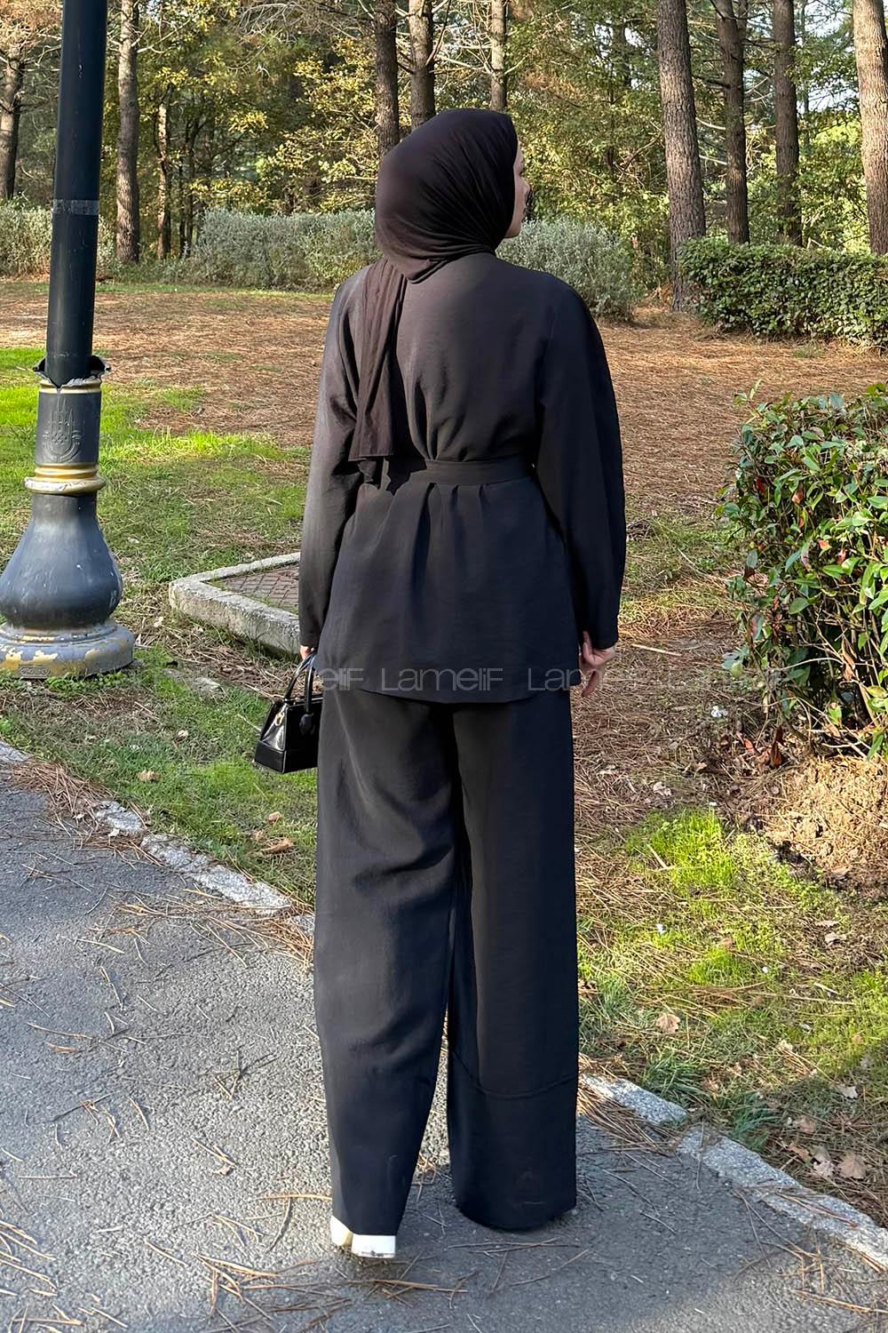 Black Normal Neck Balloon Sleeve Arm Cotton Regular Trousers Comfortable Suit